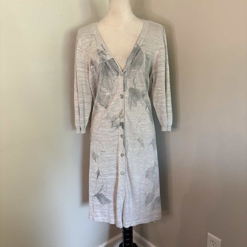Gabby Isabella Duster Cardigan XL Gray Botanical Linen Tencel Knit Long Sweater